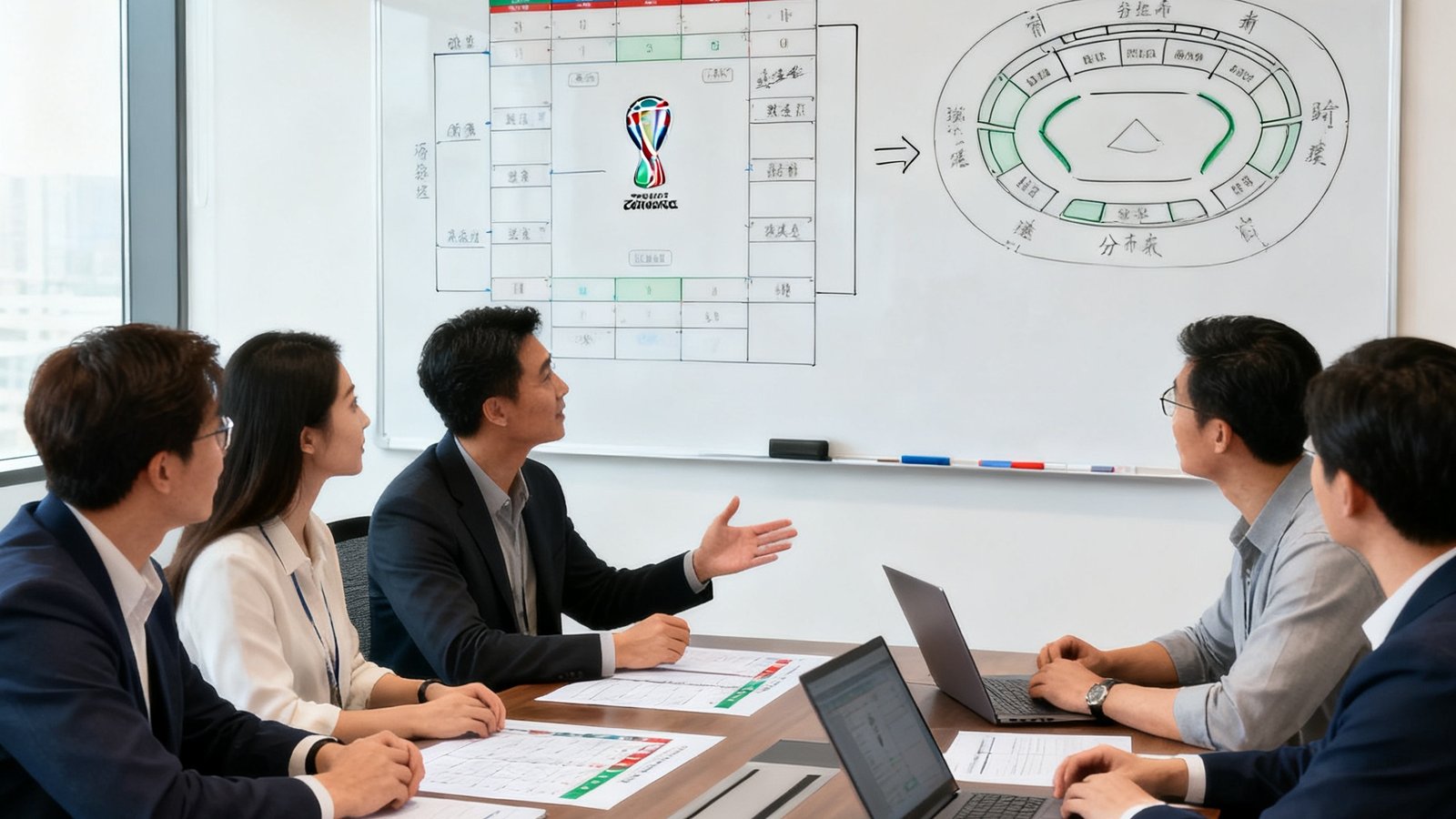 2026世界杯赛程全图团队在会议室中讨论多维度赛程视图和数据架构，背景有白板书写对阵图和场馆分布